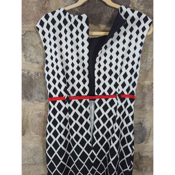 R&K Dress Size 10 Black White Diamond Print Red Belted Sheath Knee Length - Picture 10 of 15